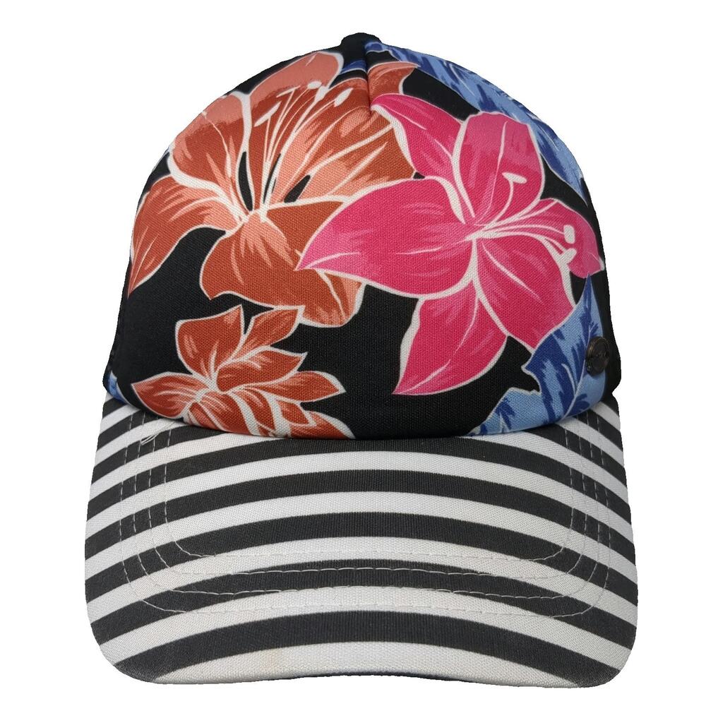 Roxy 5 Panel Black One Size Floral Striped Mesh Snapback Hat Tropical Surf Beach